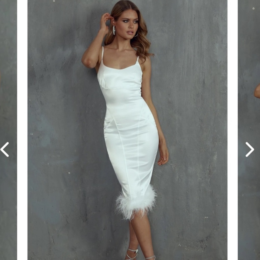 Hopelessly Devoted Feather Trim White Midi Dress